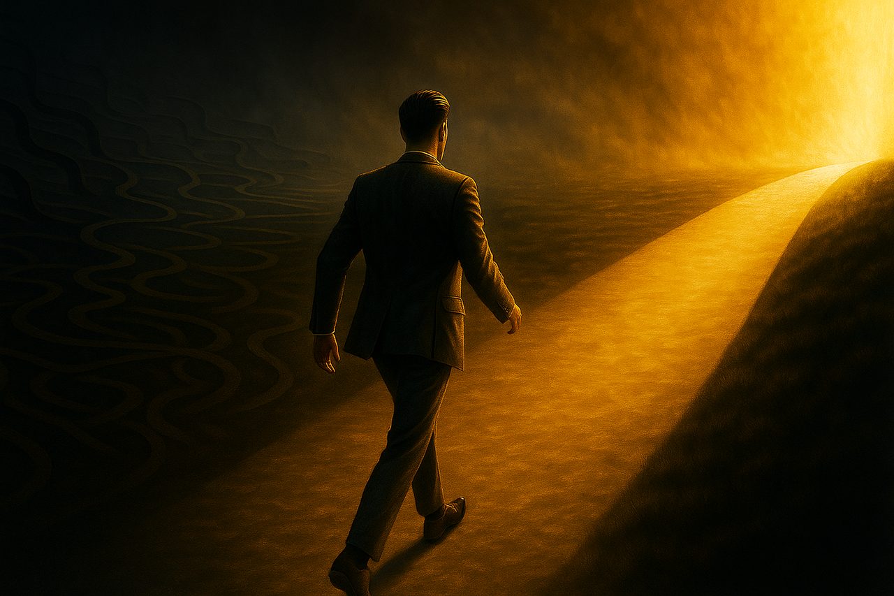 A solitary figure standing in calm, clear light