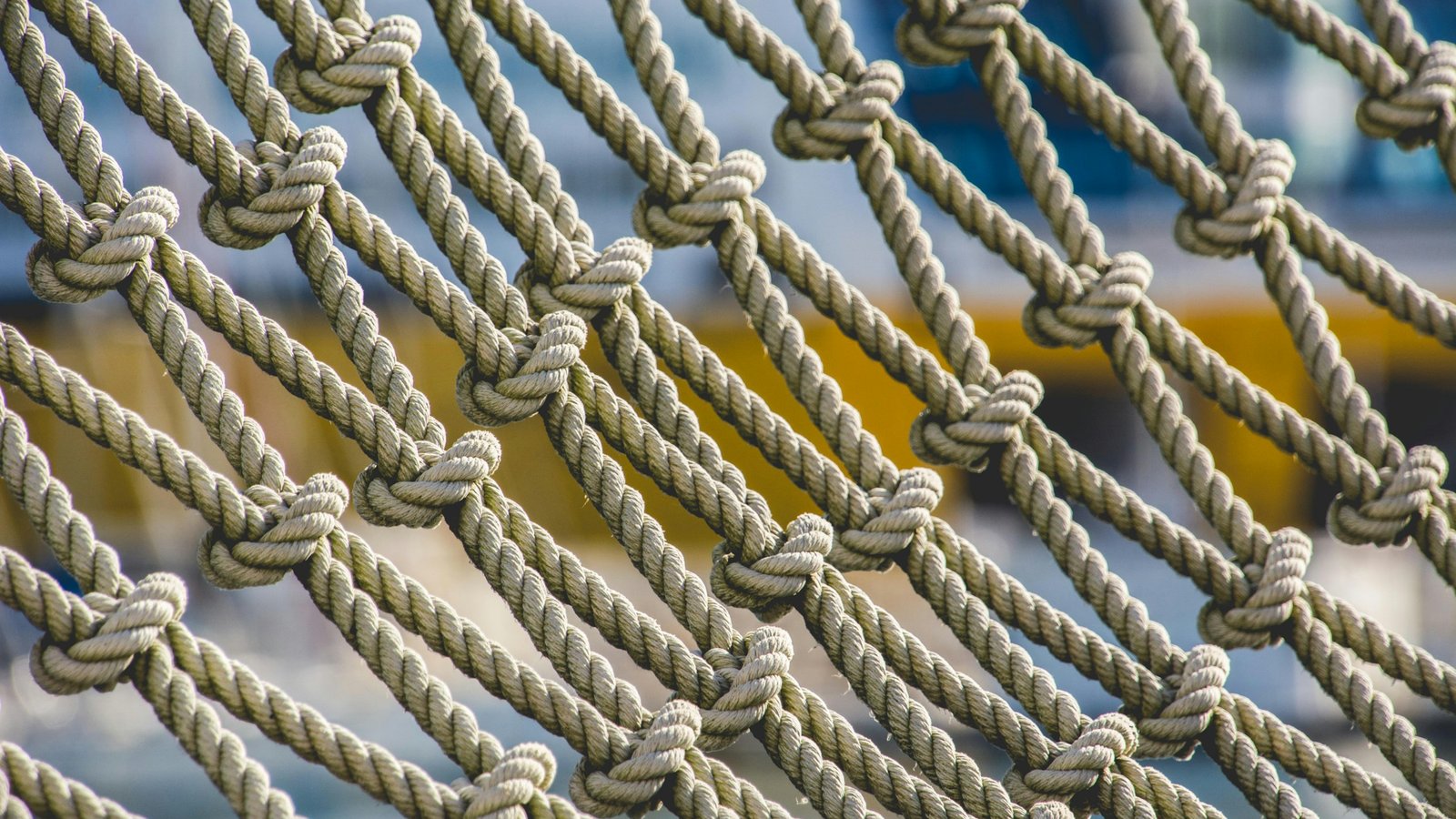 A close view of a knotted cream rope net, each knot in sharp focus, stretched taut against a softly blurred background