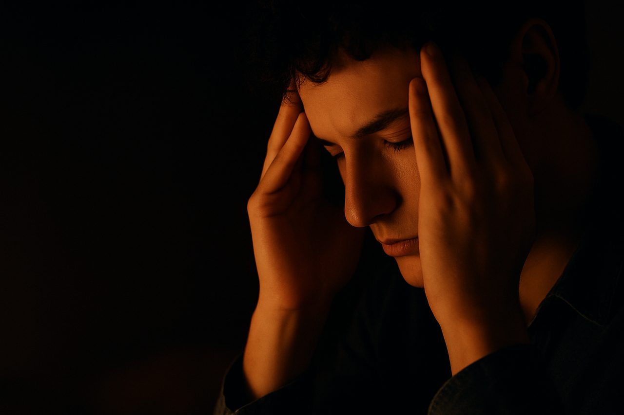 A young man sitting in shadow with his head resting in his hands